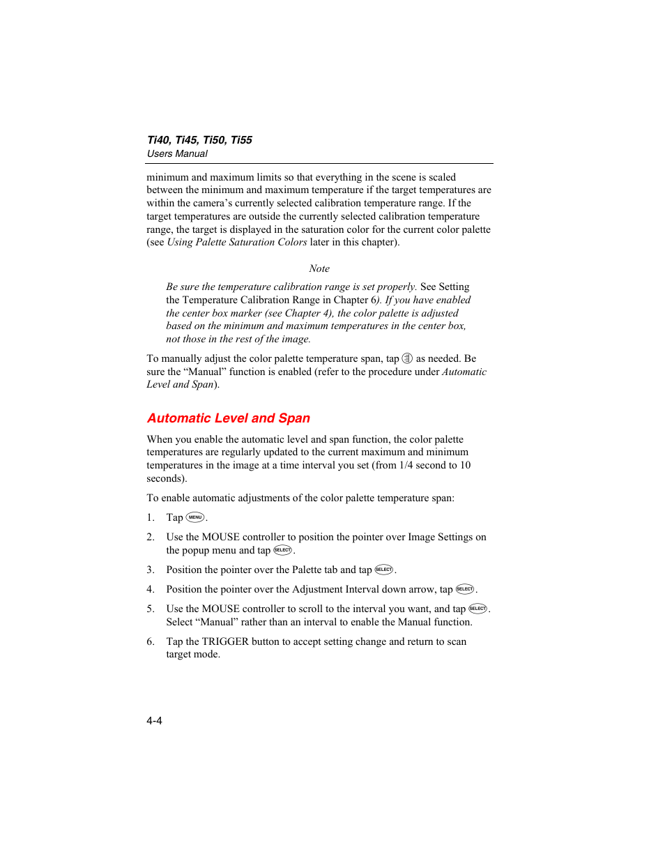 Automatic level and span | Fluke Ti50 User Manual | Page 46 / 136