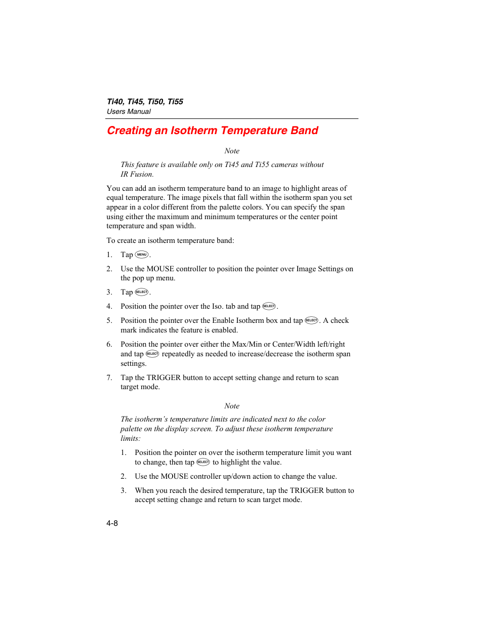 Creating an isotherm temperature band | Fluke Ti50 User Manual | Page 50 / 136