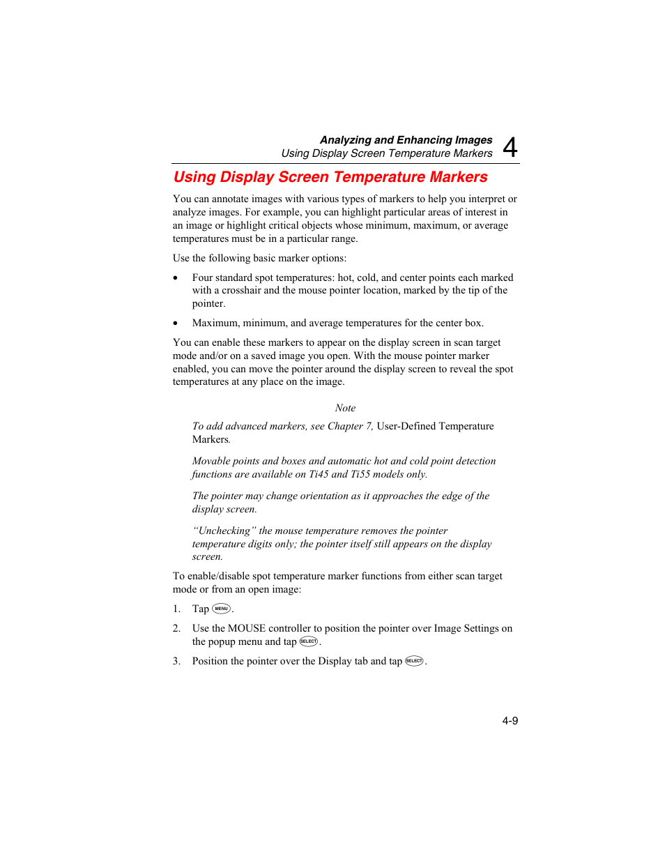 Using display screen temperature markers | Fluke Ti50 User Manual | Page 51 / 136