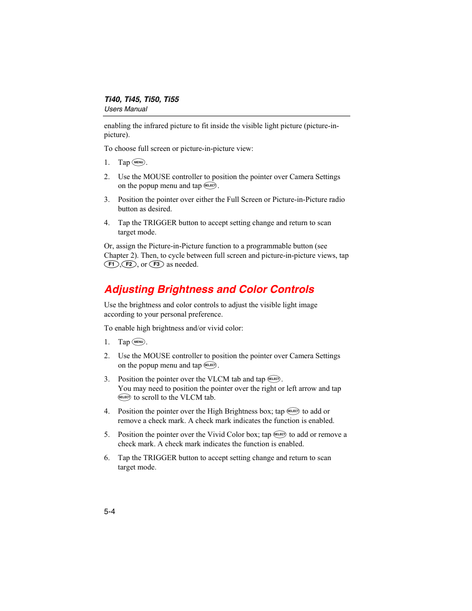Adjusting brightness and color controls | Fluke Ti50 User Manual | Page 60 / 136