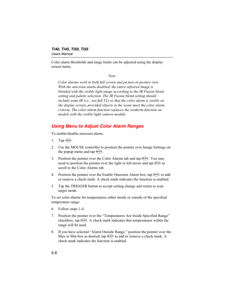 Using menu to adjust color alarm ranges | Fluke Ti50 User Manual | Page 64 / 136