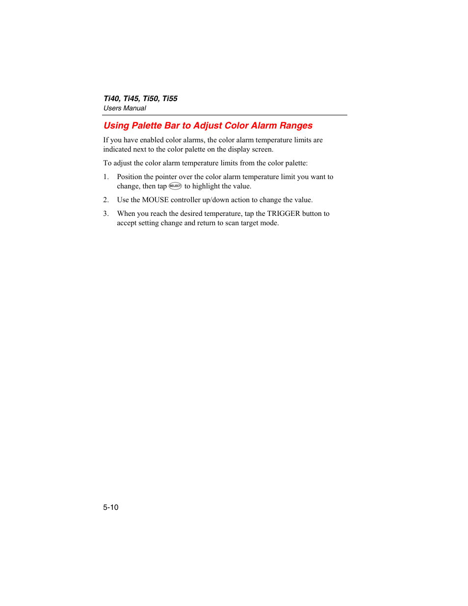 Using palette bar to adjust color alarm ranges | Fluke Ti50 User Manual | Page 66 / 136