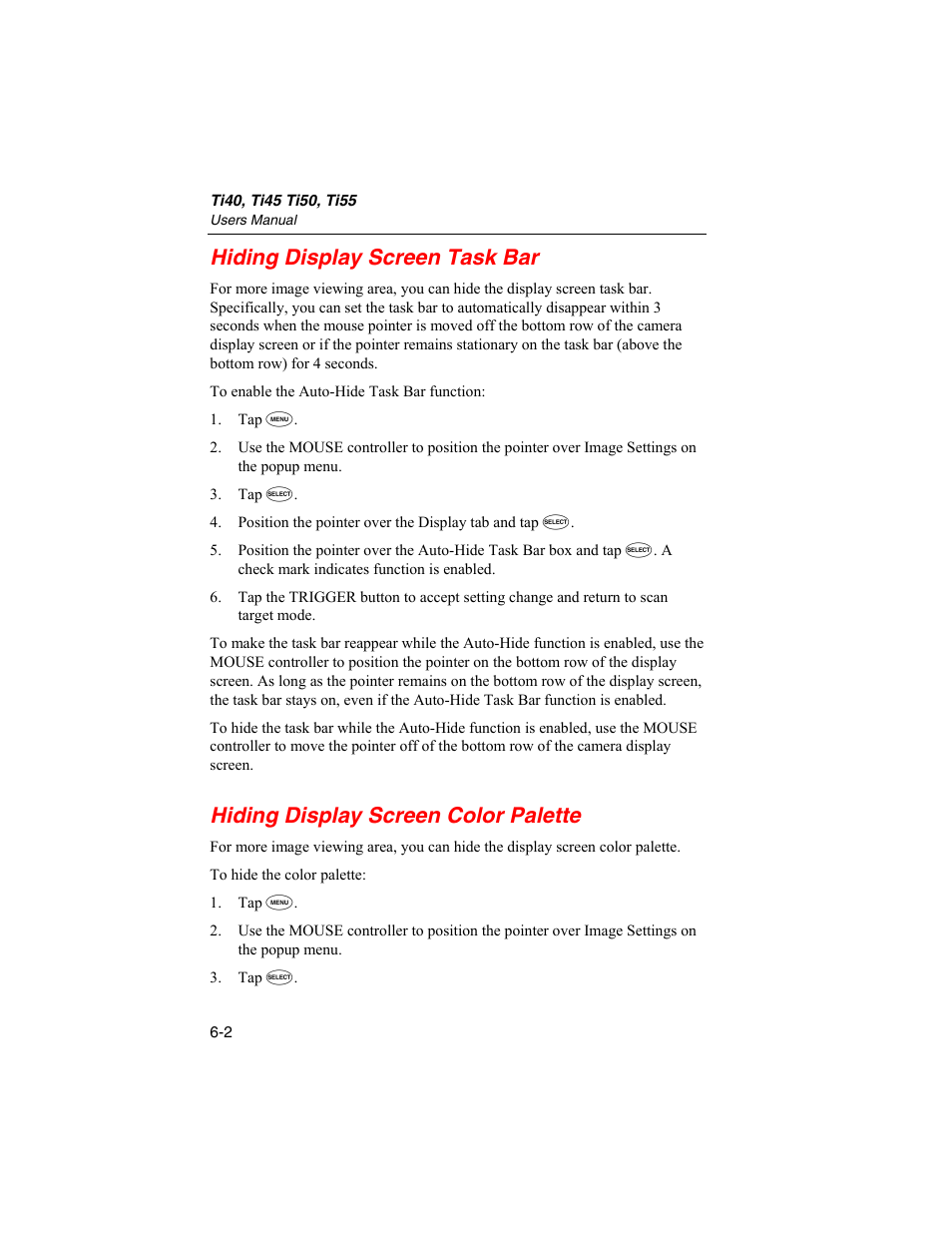 Hiding display screen task bar, Hiding display screen color palette | Fluke Ti50 User Manual | Page 68 / 136