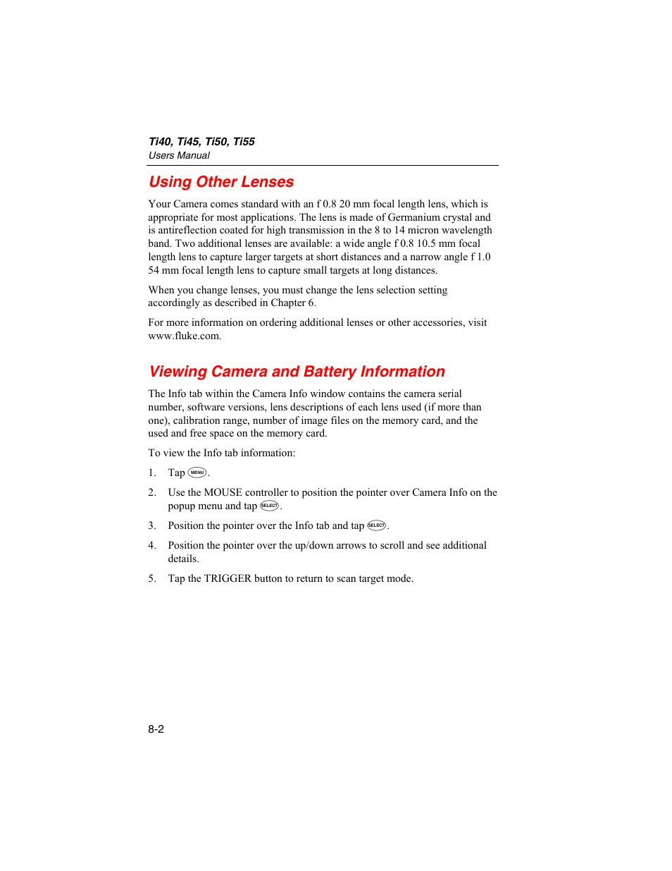 Using other lenses, Viewing camera and battery information | Fluke Ti50 User Manual | Page 86 / 136
