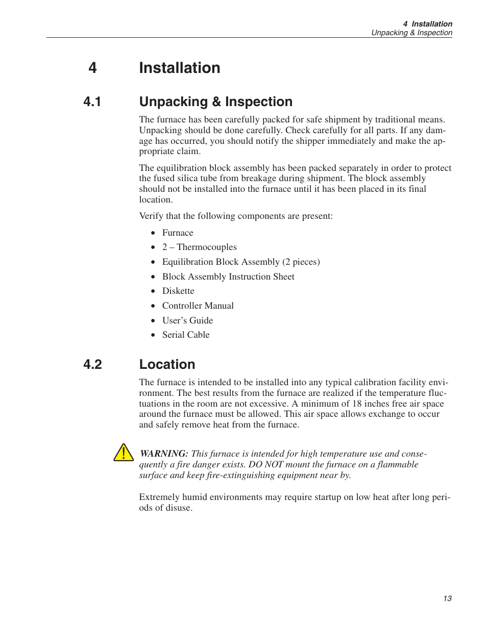 4 installation 13, 1 unpacking & inspection 13, 2 location 13 | Installation, Unpacking & inspection, Location, 4installation, 1 unpacking & inspection, 2 location | Fluke 9112A User Manual | Page 16 / 47