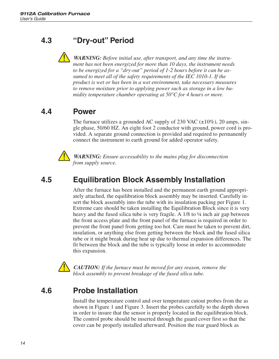 3 “dry-out” period 14, 4 power 14, 5 equilibration block assembly installation 14 | 6 probe installation 14, Dry-out” period, Power, Equilibration block assembly installation, Probe installation, 3 “dry-out” period, 4 power | Fluke 9112A User Manual | Page 17 / 47