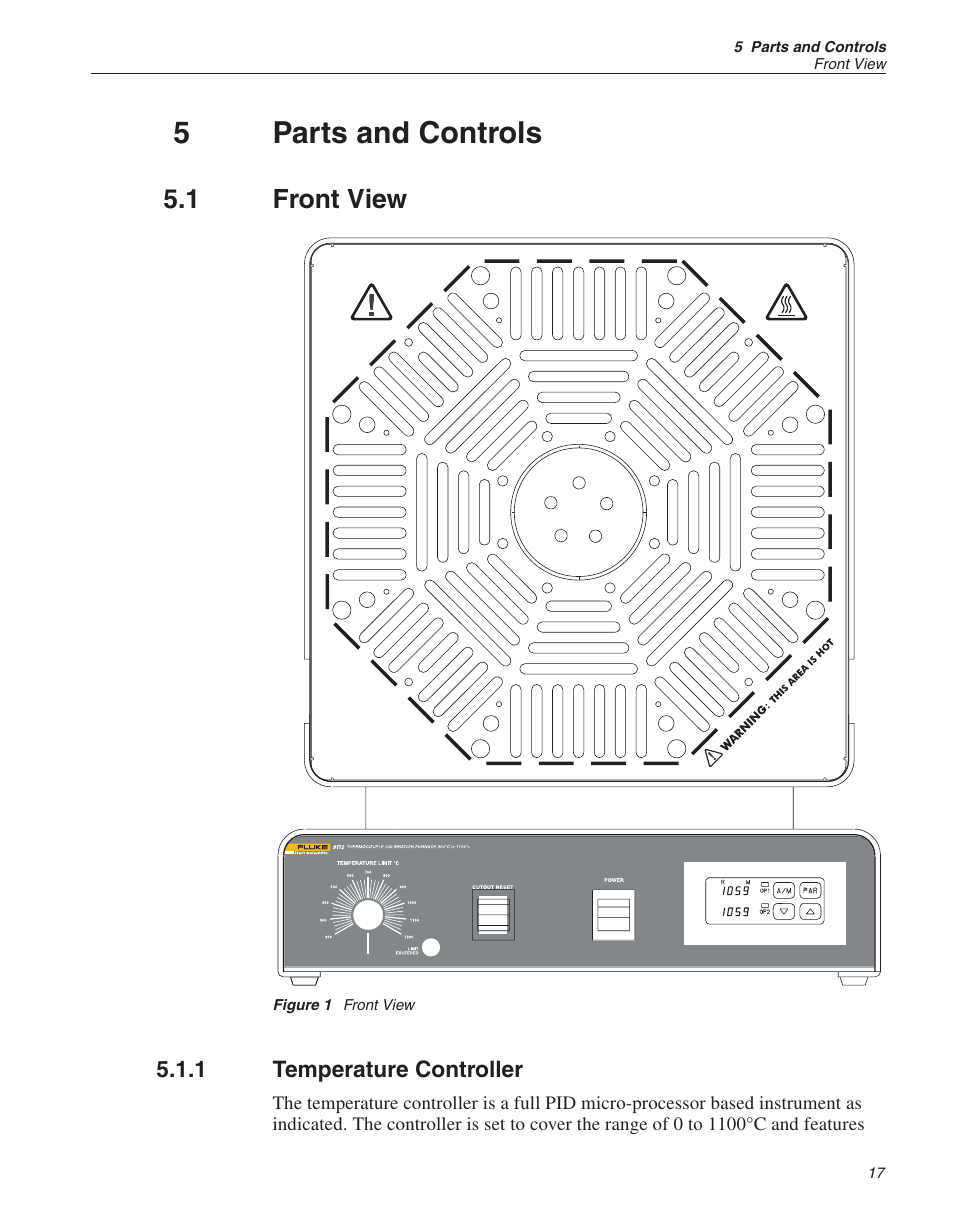 5 parts and controls 17, 1 front view 17, 1 temperature controller 17 | Figure 1 front view 17, Parts and controls, Front view, Temperature controller, Figure 1, 5parts and controls, 1 front view | Fluke 9112A User Manual | Page 19 / 47