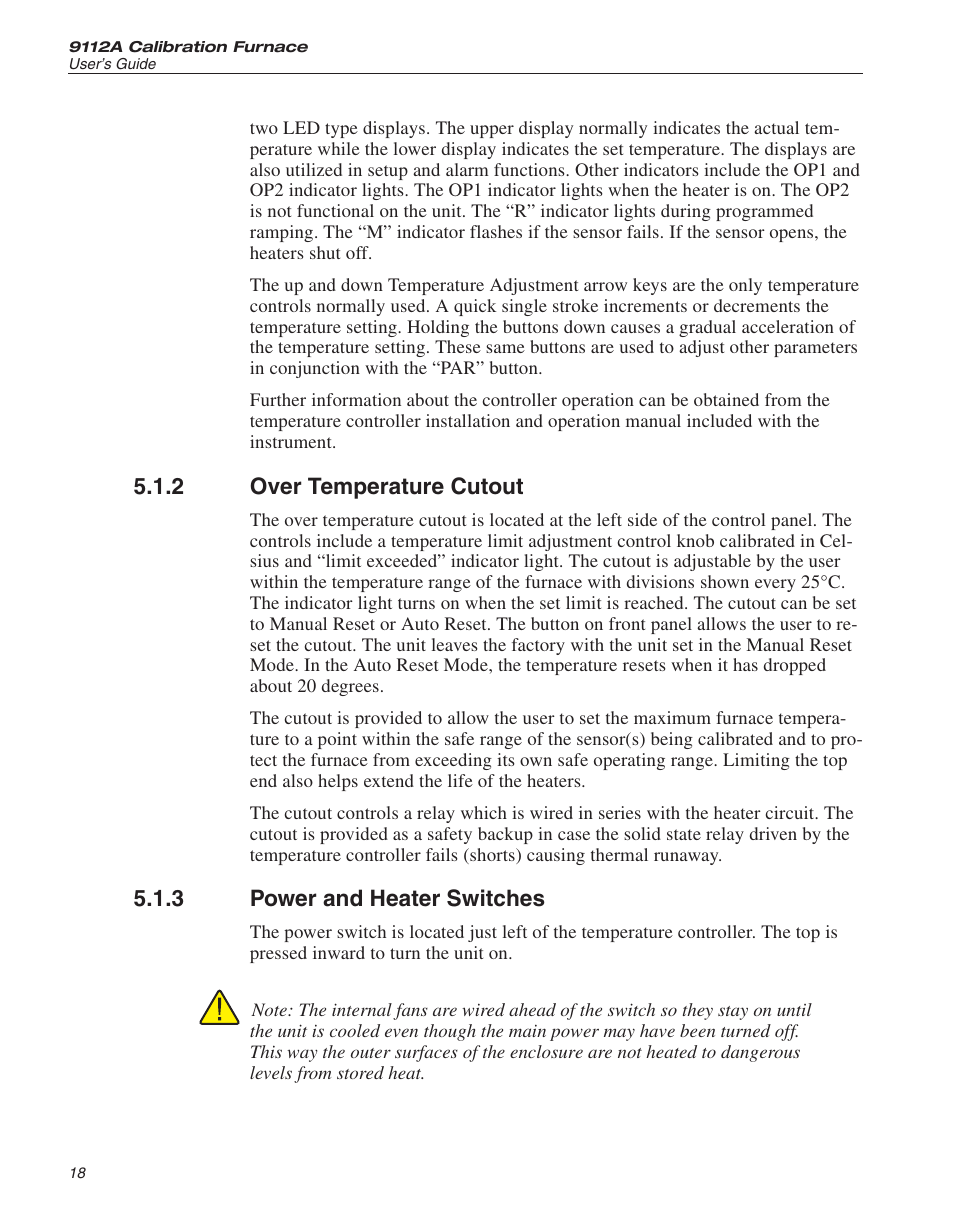 2 over temperature cutout 18, 3 power and heater switches 18, Over temperature cutout | Power and heater switches | Fluke 9112A User Manual | Page 20 / 47