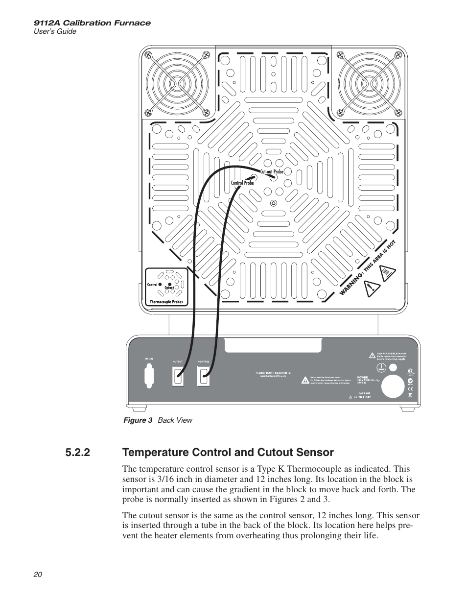 2 temperature control and cutout sensor 20, Figure 3 back view 20, Temperature control and cutout sensor | Figure 3, Back view, 2 temperature control and cutout sensor | Fluke 9112A User Manual | Page 22 / 47