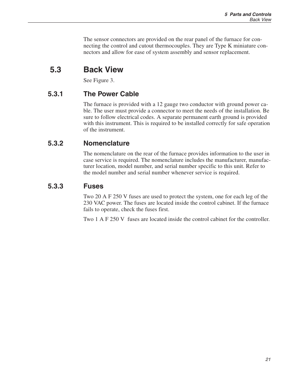 3 back view 21, 1 the power cable 21, 2 nomenclature 21 | 3 fuses 21, Back view, The power cable, Nomenclature, Fuses, 3 back view | Fluke 9112A User Manual | Page 23 / 47