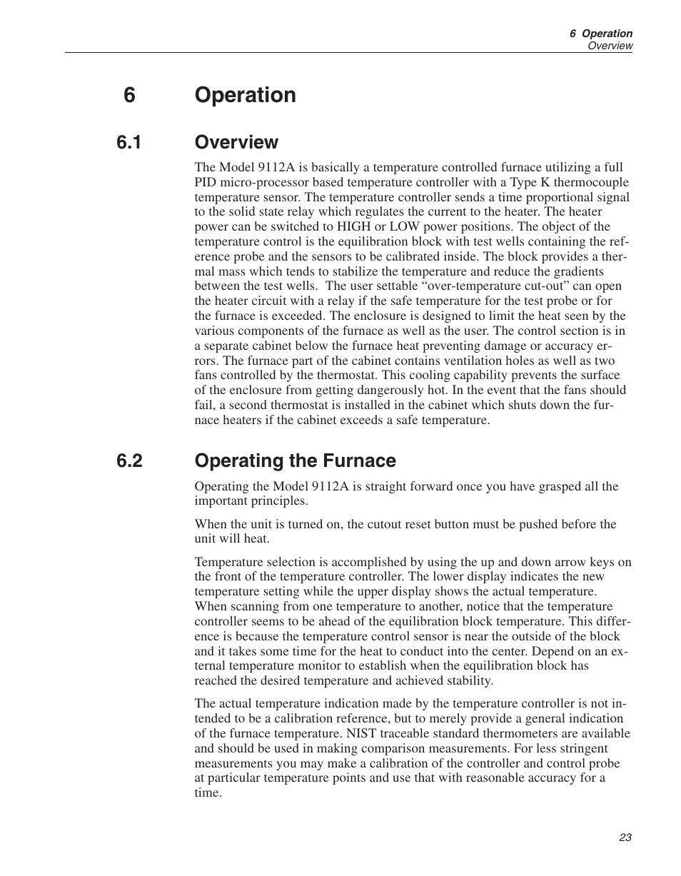 6 operation 23, 1 overview 23, 2 operating the furnace 23 | Operation, Overview, Operating the furnace, 6operation, 1 overview, 2 operating the furnace | Fluke 9112A User Manual | Page 24 / 47
