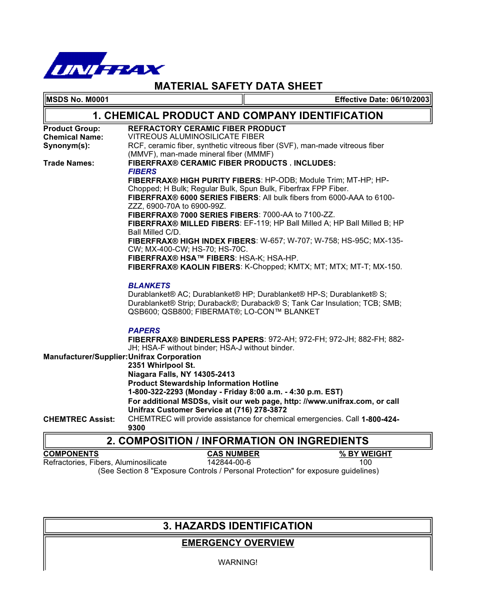 Material safety data sheet, Chemical product and company identification, Composition / information on ingredients | Hazards identification | Fluke 9112A User Manual | Page 30 / 47