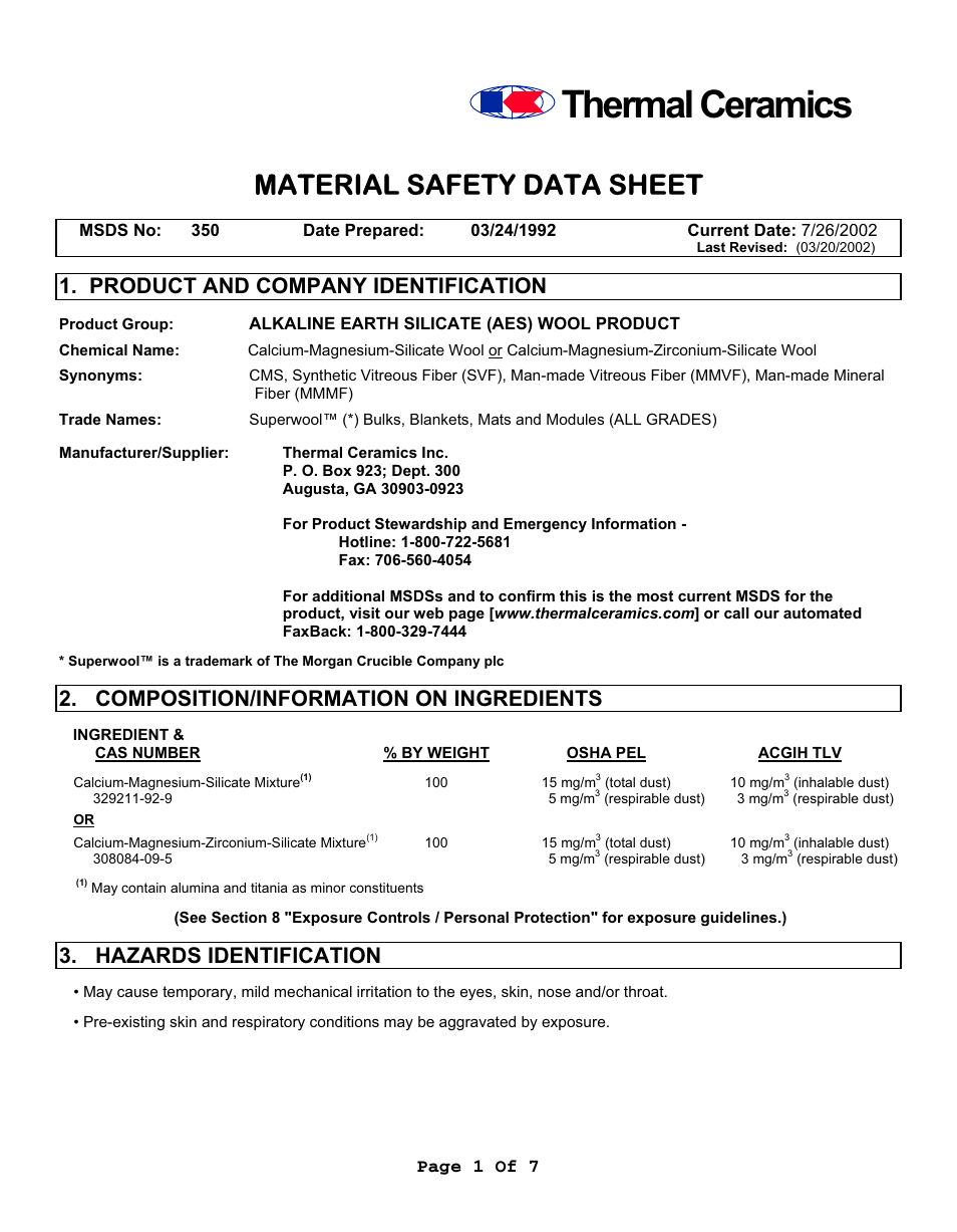 Thermal ceramics, Material safety data sheet, Product and company identification | Composition/information on ingredients, Hazards identification, Page 1 of 7 | Fluke 9112A User Manual | Page 41 / 47