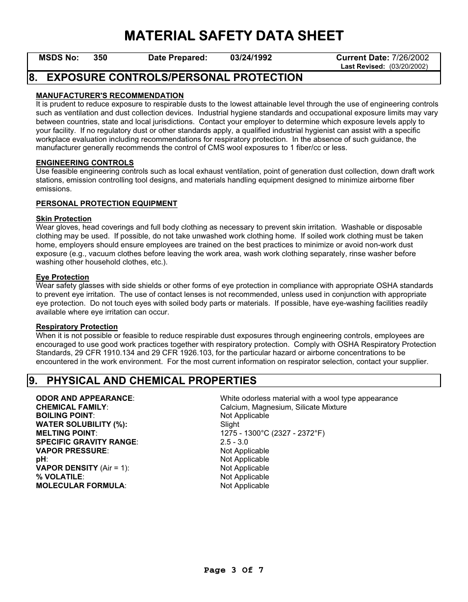 Material safety data sheet, Exposure controls/personal protection, Physical and chemical properties | Fluke 9112A User Manual | Page 43 / 47