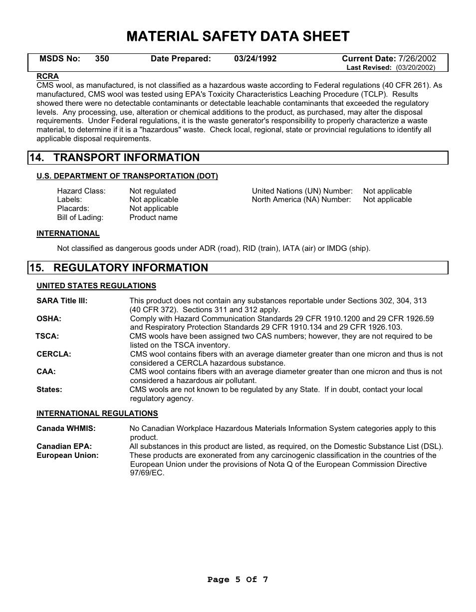 Material safety data sheet, Transport information, Regulatory information | Fluke 9112A User Manual | Page 45 / 47