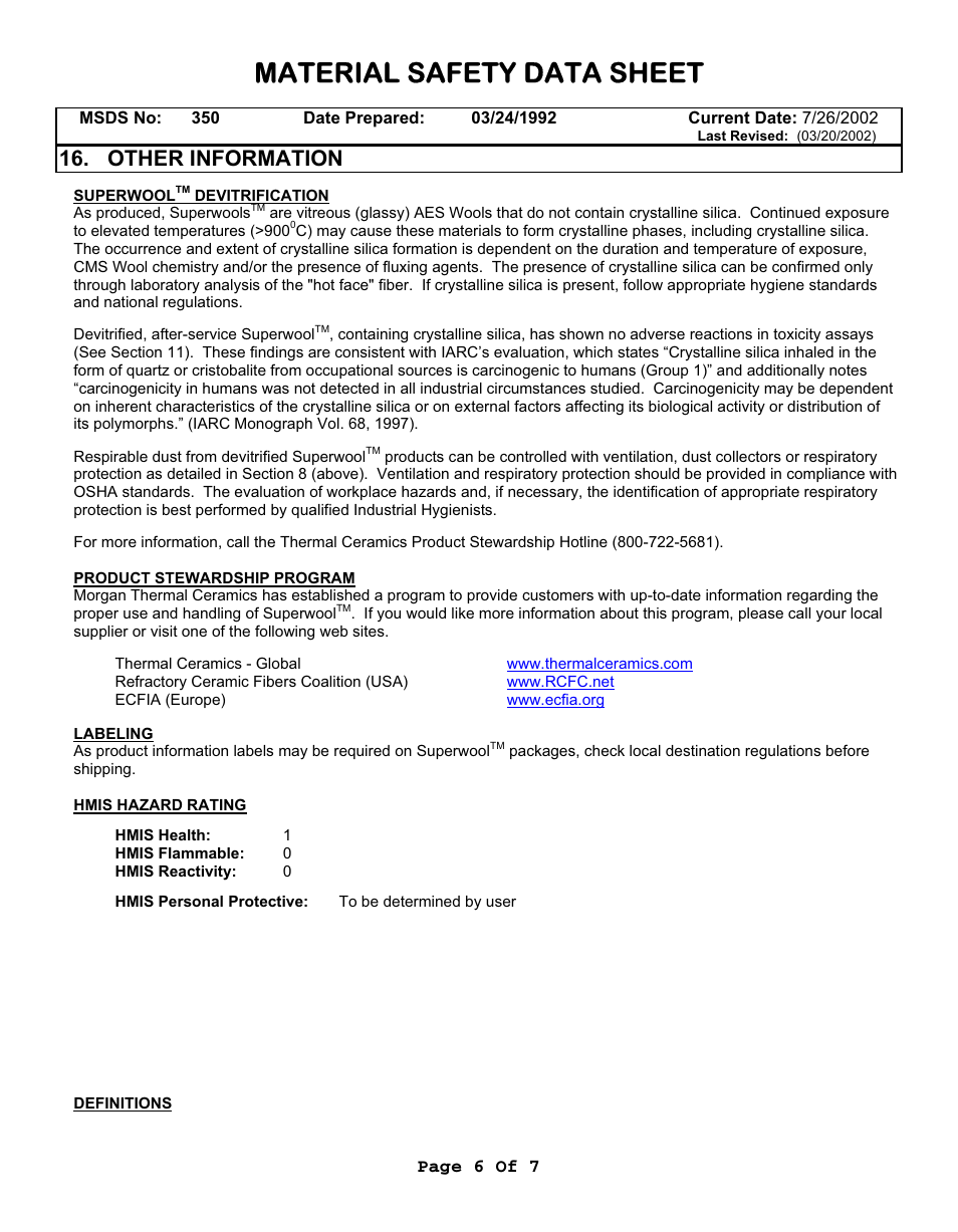 Material safety data sheet, Other information | Fluke 9112A User Manual | Page 46 / 47
