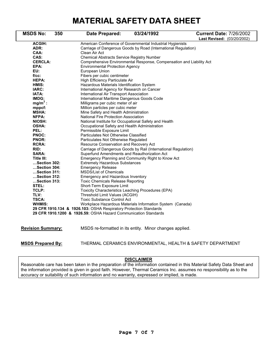 Material safety data sheet, Page 7 of 7 | Fluke 9112A User Manual | Page 47 / 47