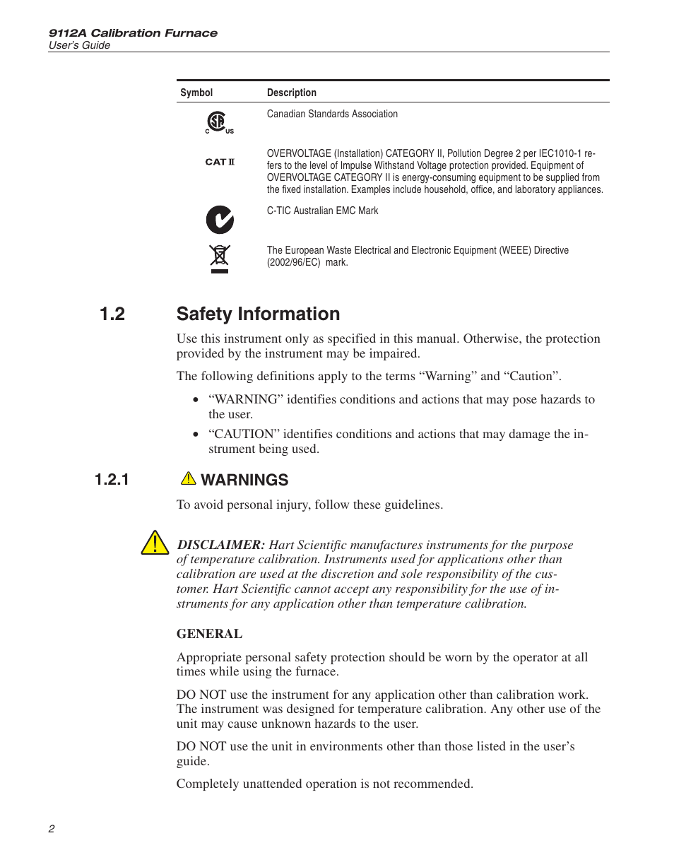 2 safety information 2, 1 warnings 2, Safety information | Warnings, 2 safety information, 1 warnings | Fluke 9112A User Manual | Page 7 / 47