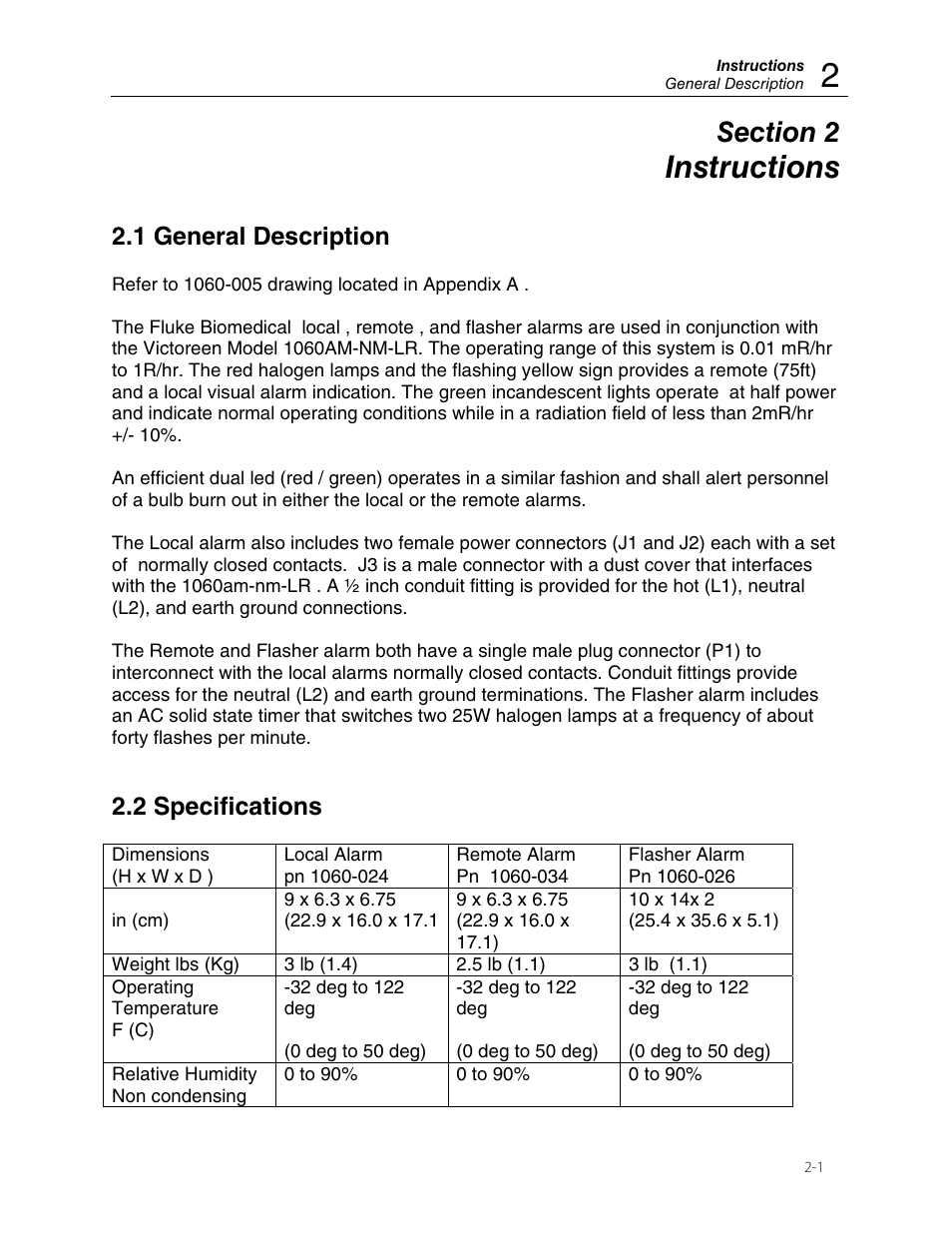 Instructions, 1 general description, 2 specifications | Fluke LOCAL User Manual | Page 7 / 16