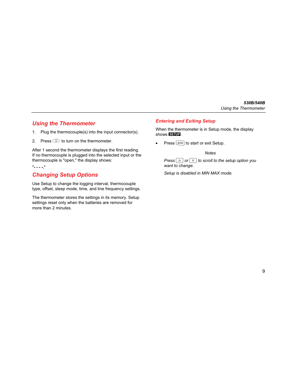 Using the thermometer, Changing setup options, Entering and exiting setup | Fluke 54IIB User Manual | Page 13 / 26