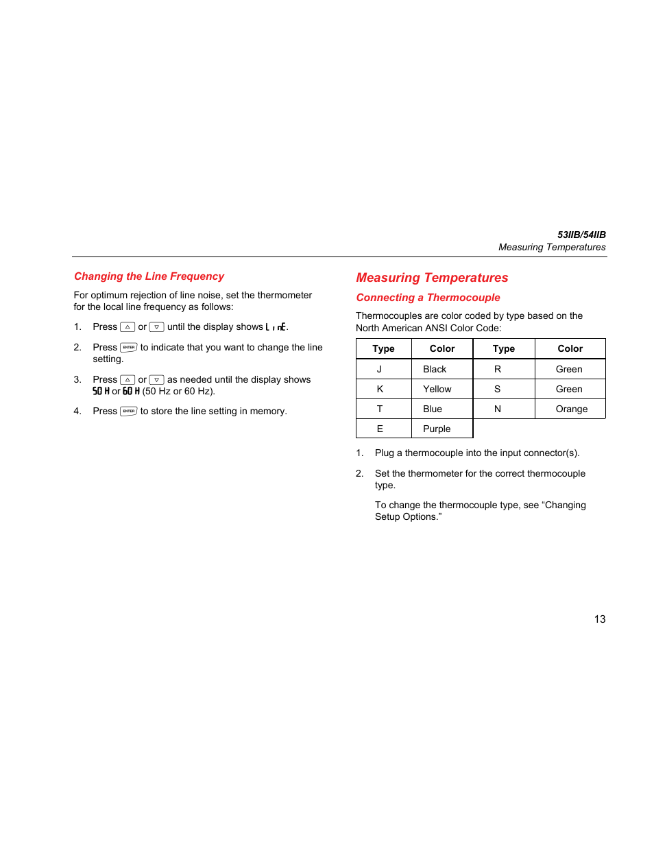 Changing the line frequency, Measuring temperatures, Connecting a thermocouple | Fluke 54IIB User Manual | Page 17 / 26