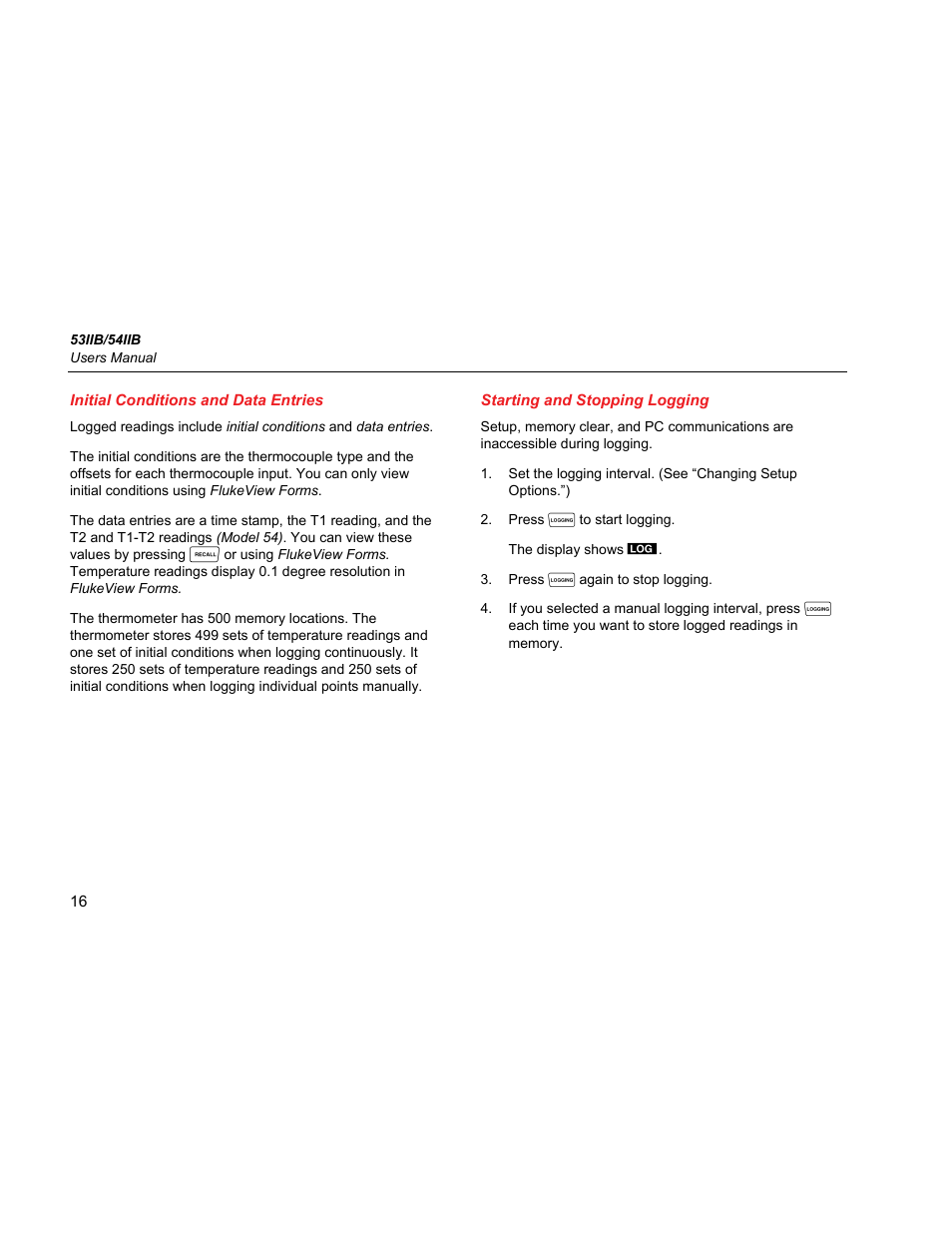 Initial conditions and data entries, Starting and stopping logging | Fluke 54IIB User Manual | Page 20 / 26