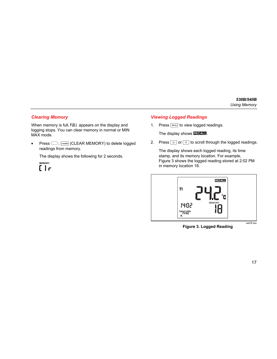 Clearing memory, Viewing logged readings | Fluke 54IIB User Manual | Page 21 / 26