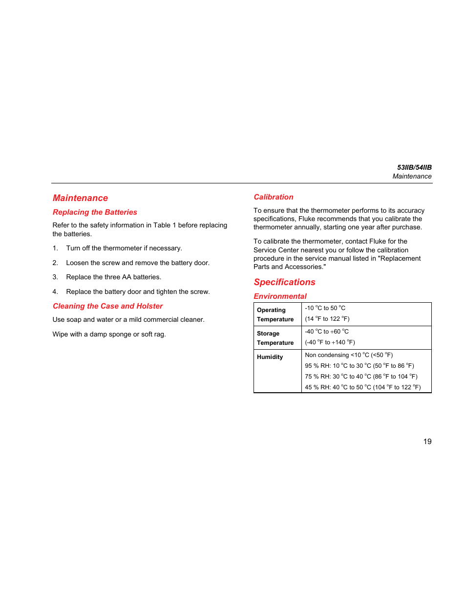 Maintenance, Replacing the batteries, Cleaning the case and holster | Calibration, Specifications, Environmental | Fluke 54IIB User Manual | Page 23 / 26