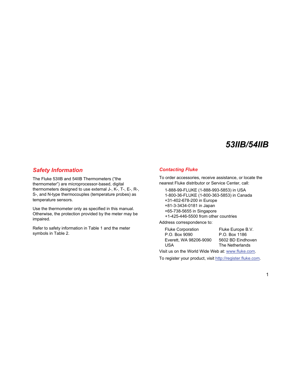 Safety information, Contacting fluke, 53iib/54iib | Fluke 54IIB User Manual | Page 5 / 26