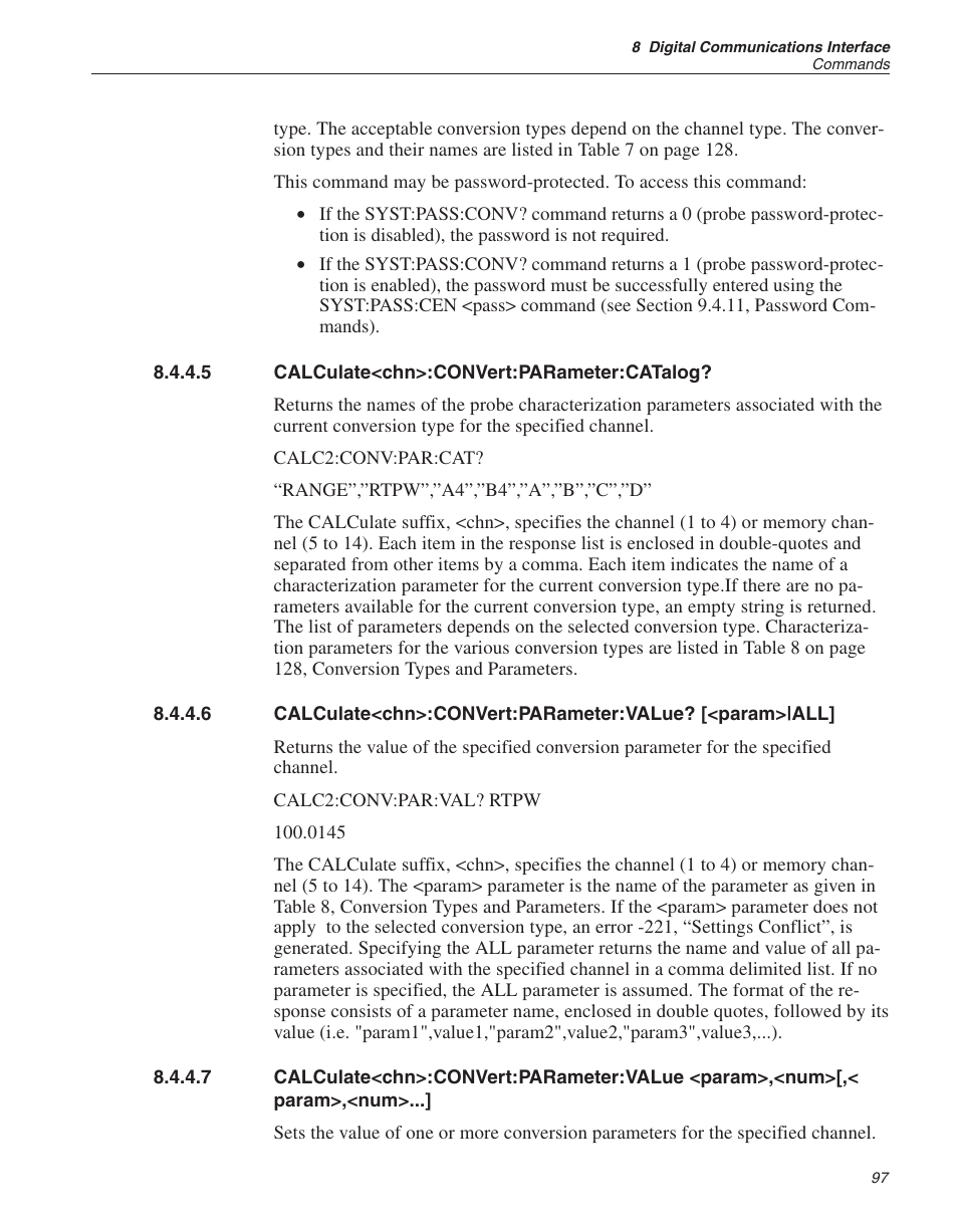 5 calculate<chn>:convert:parameter:catalog? 97, Calculate<chn>:convert:parameter:catalog | Fluke 1529 Chub-E4 User Manual | Page 103 / 154