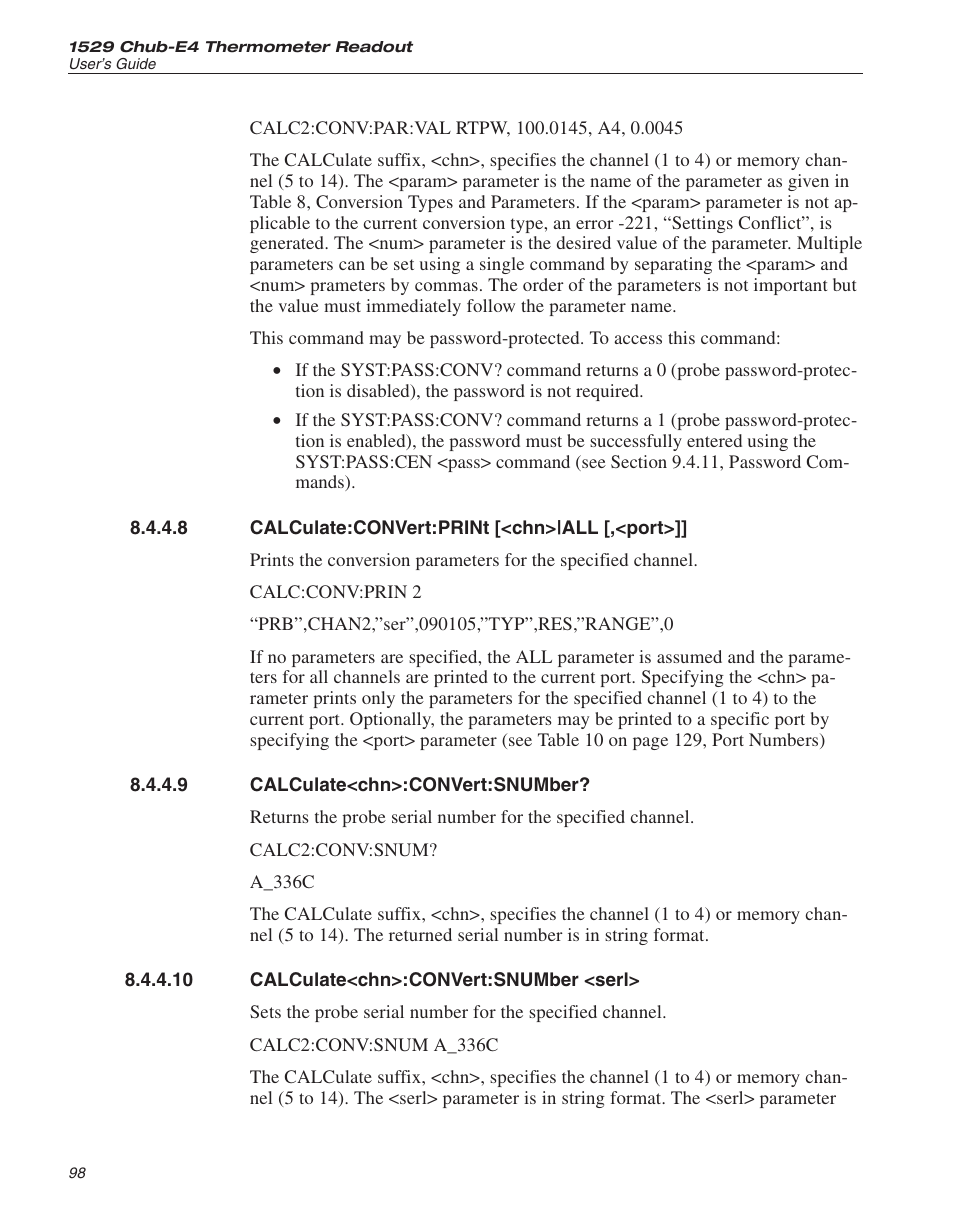 8 calculate:convert:print [<chn>|all [,<port>]] 98, 9 calculate<chn>:convert:snumber? 98, 10 calculate<chn>:convert:snumber <serl> 98 | Calculate:convert:print [<chn>|all [,<port, Calculate<chn>:convert:snumber, Calculate<chn>:convert:snumber <serl | Fluke 1529 Chub-E4 User Manual | Page 104 / 154