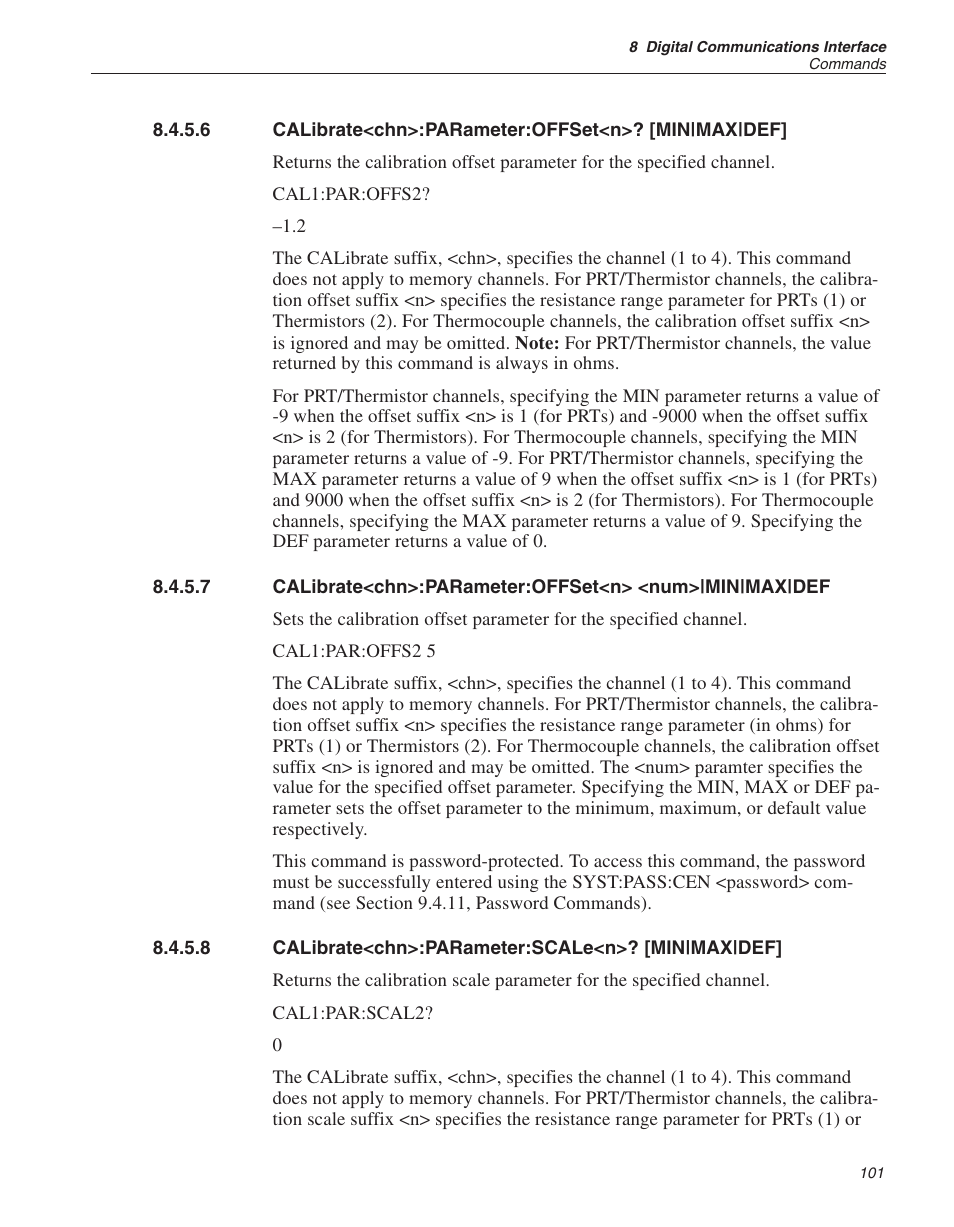Calibrate<chn>:parameter:offset<n>? [min|max|def, Calibrate<chn>:parameter:scale<n>? [min|max|def | Fluke 1529 Chub-E4 User Manual | Page 107 / 154