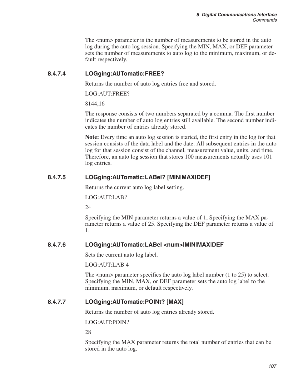 4 logging:automatic:free? 107, 5 logging:automatic:label? [min|max|def] 107, 6 logging:automatic:label <num>|min|max|def 107 | 7 logging:automatic:point? [max] 107, Logging:automatic:free, Logging:automatic:label? [min|max|def, Logging:automatic:label <num>|min|max|def, Logging:automatic:point? [max | Fluke 1529 Chub-E4 User Manual | Page 113 / 154