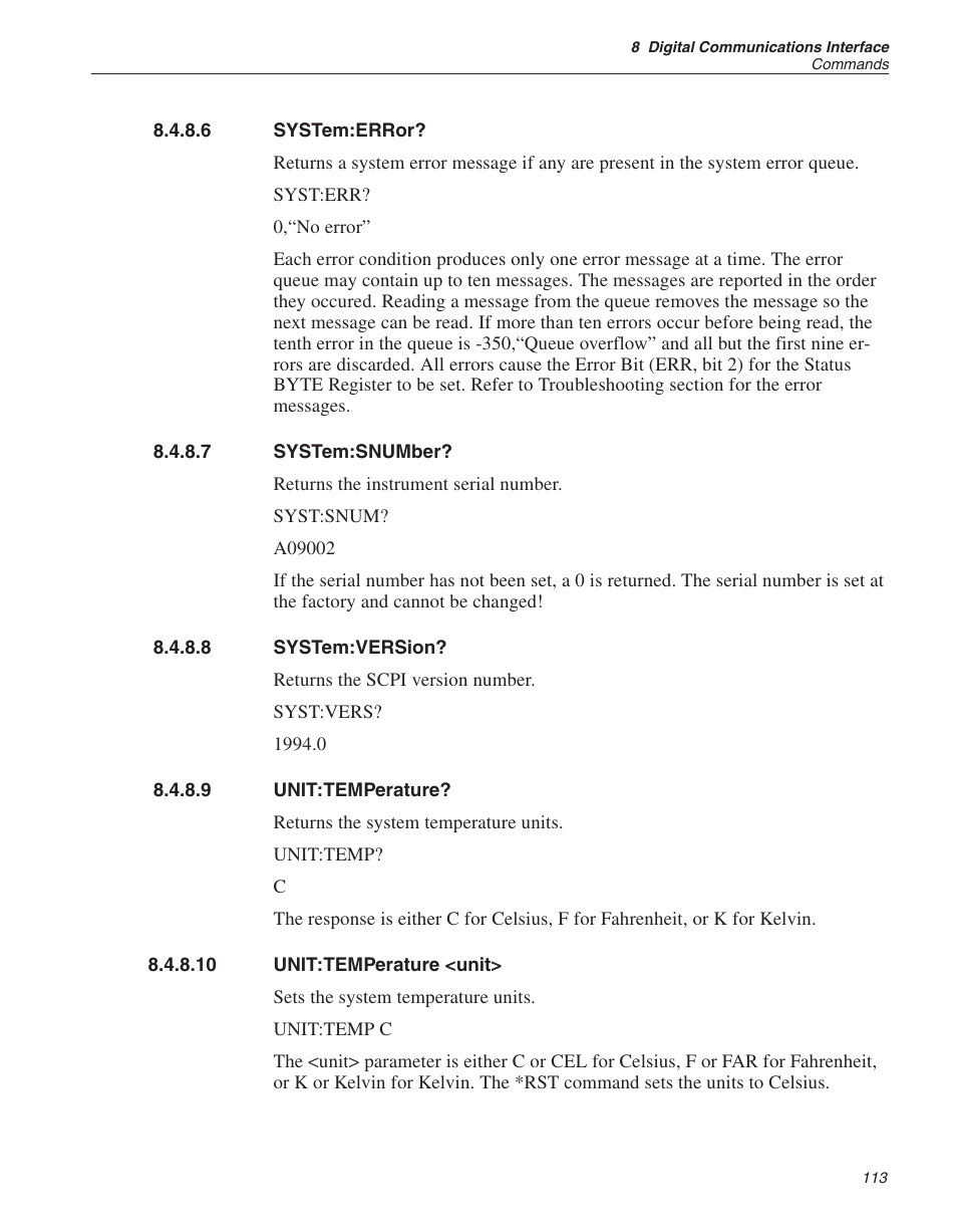 6 system:error? 113, 7 system:snumber? 113, 8 system:version? 113 | 9 unit:temperature? 113, 10 unit:temperature <unit> 113, System:error, System:snumber, System:version, Unit:temperature, Unit:temperature <unit | Fluke 1529 Chub-E4 User Manual | Page 119 / 154
