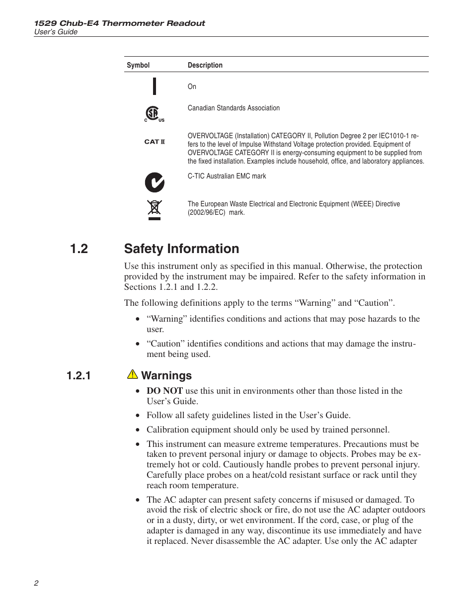 2 safety information 2, 1 warnings 2, Safety information | Warnings, 2 safety information, 1 warnings | Fluke 1529 Chub-E4 User Manual | Page 13 / 154
