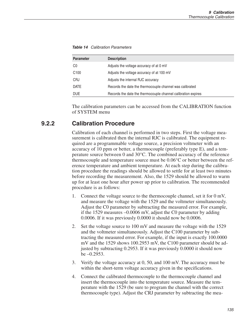 2 calibration procedure 135, Table 14 calibration parameters 135, Calibration procedure | Table 14, Calibration parameters, 2 calibration procedure | Fluke 1529 Chub-E4 User Manual | Page 141 / 154