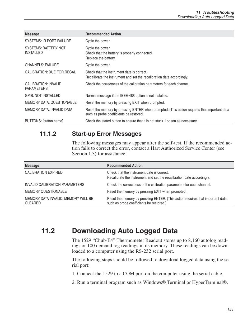 2 start-up error messages 141, 2 downloading auto logged data 141, Calibration expired 141 | Memory 141, Start-up error messages, Downloading auto logged data, 2 downloading auto logged data, 2 start-up error messages | Fluke 1529 Chub-E4 User Manual | Page 146 / 154