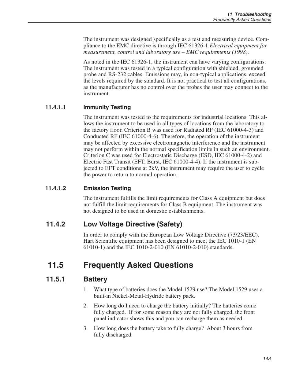 1 immunity testing 143, 2 emission testing 143, 2 low voltage directive (safety) 143 | 5 frequently asked questions 143, 1 battery 143, Immunity testing, Emission testing, Low voltage directive (safety), Frequently asked questions, Battery | Fluke 1529 Chub-E4 User Manual | Page 148 / 154
