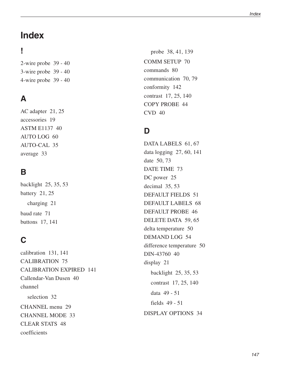 Index | Fluke 1529 Chub-E4 User Manual | Page 152 / 154