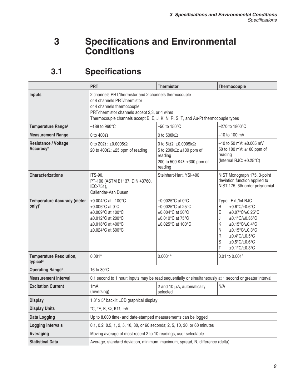 3 specifications and environmental conditions 9, 1 specifications 9, Specifications 9 | Specifications and environmental conditions, Specifications, 3specifications and environmental conditions, 1 specifications | Fluke 1529 Chub-E4 User Manual | Page 18 / 154