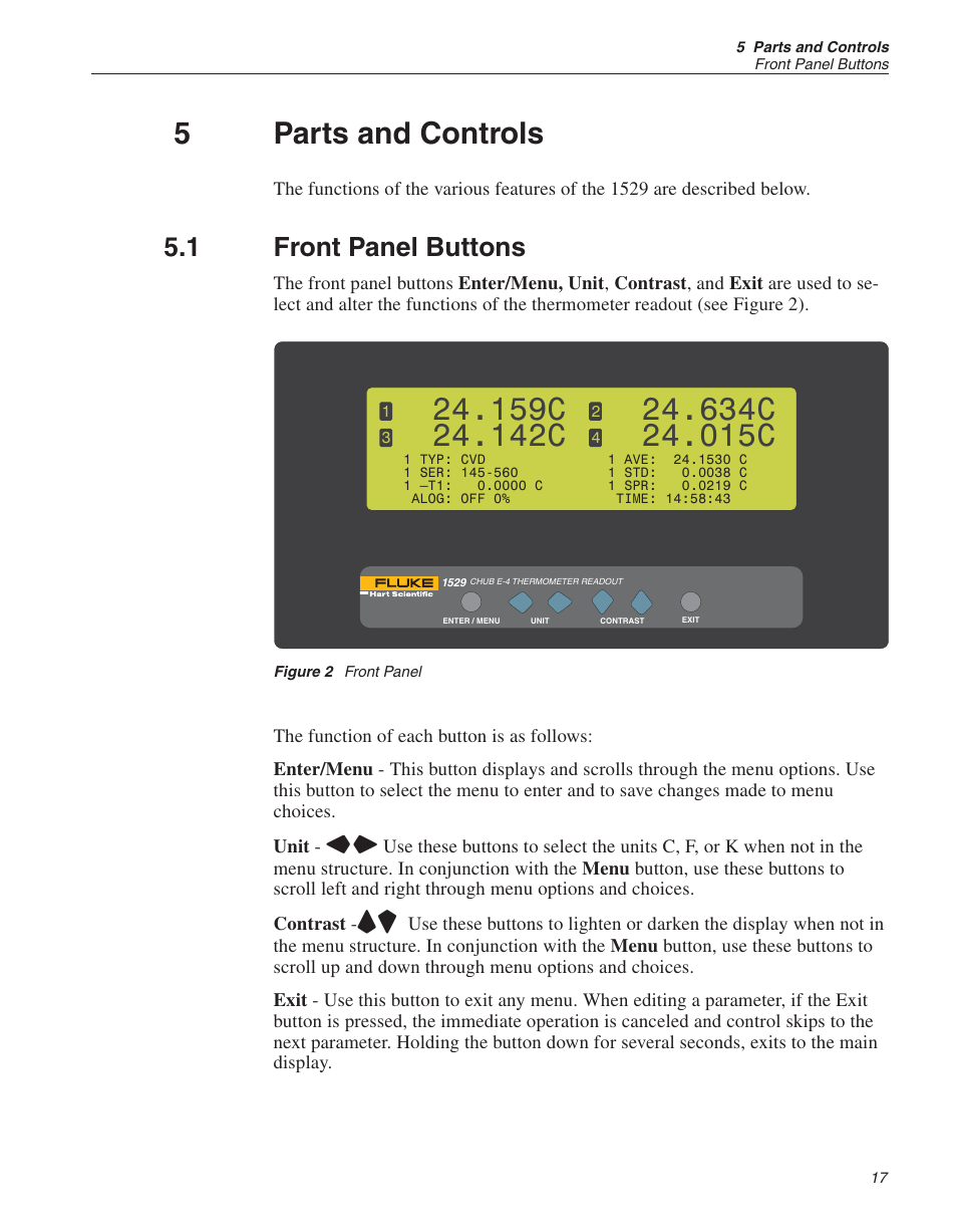 5 parts and controls 17, 1 front panel buttons 17, Figure 2 front panel 17 | Buttons 17, 141, Contrast 17, 25, 140, Exit 17, 29, Menu 17, 29, Parts and controls 17, Units 17, 21, Parts and controls | Fluke 1529 Chub-E4 User Manual | Page 24 / 154