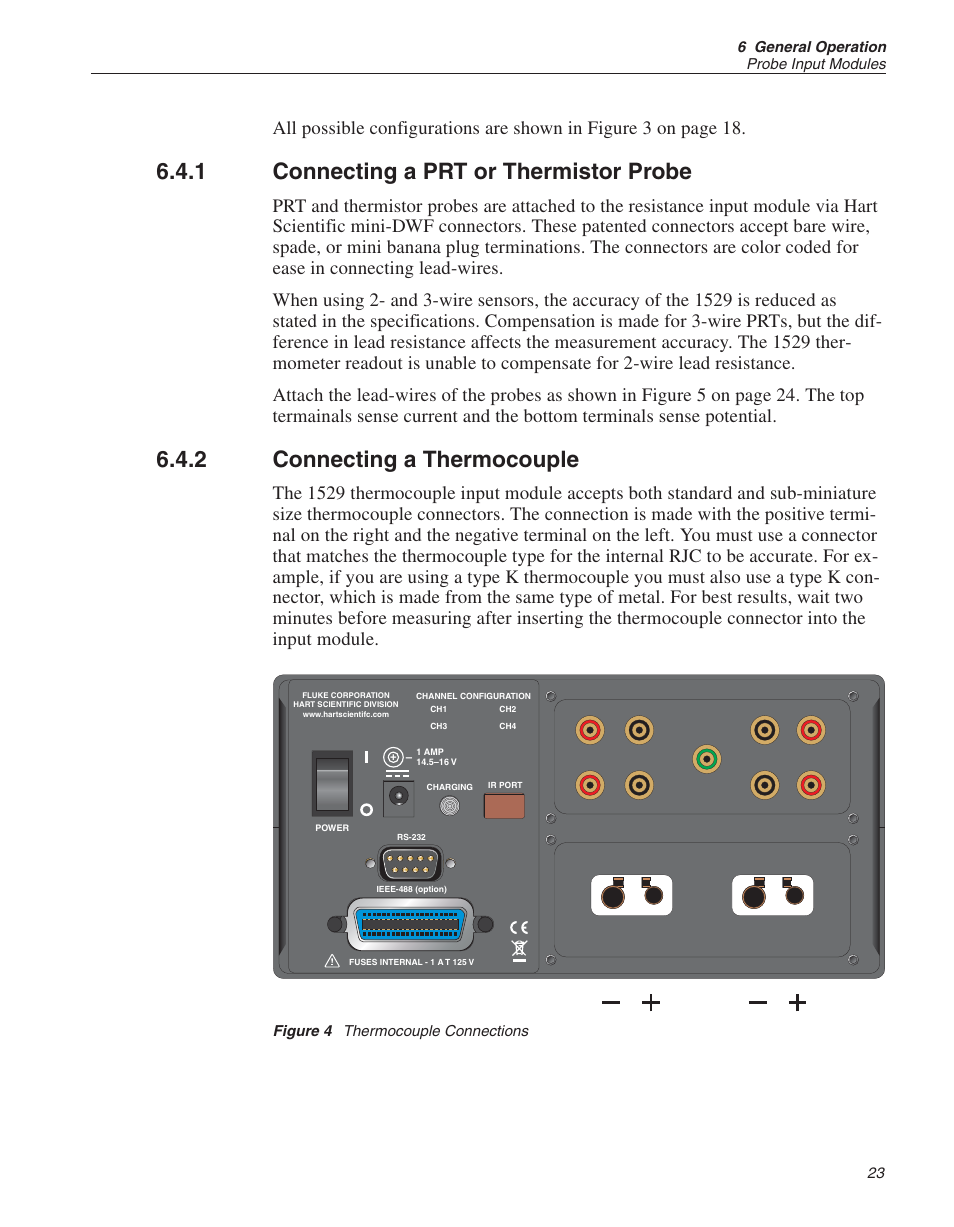 1 connecting a prt or thermistor probe 23, 2 connecting a thermocouple 23, Figure 4 thermocouple connections 23 | Probe 23, 36 - 37, Wires 23, 39 - 41, Prt 23, Sensor 23, Thermistor 23, 41 - 42, Thermocouple 23, 43, Probe 23, 39 - 41 | Fluke 1529 Chub-E4 User Manual | Page 30 / 154