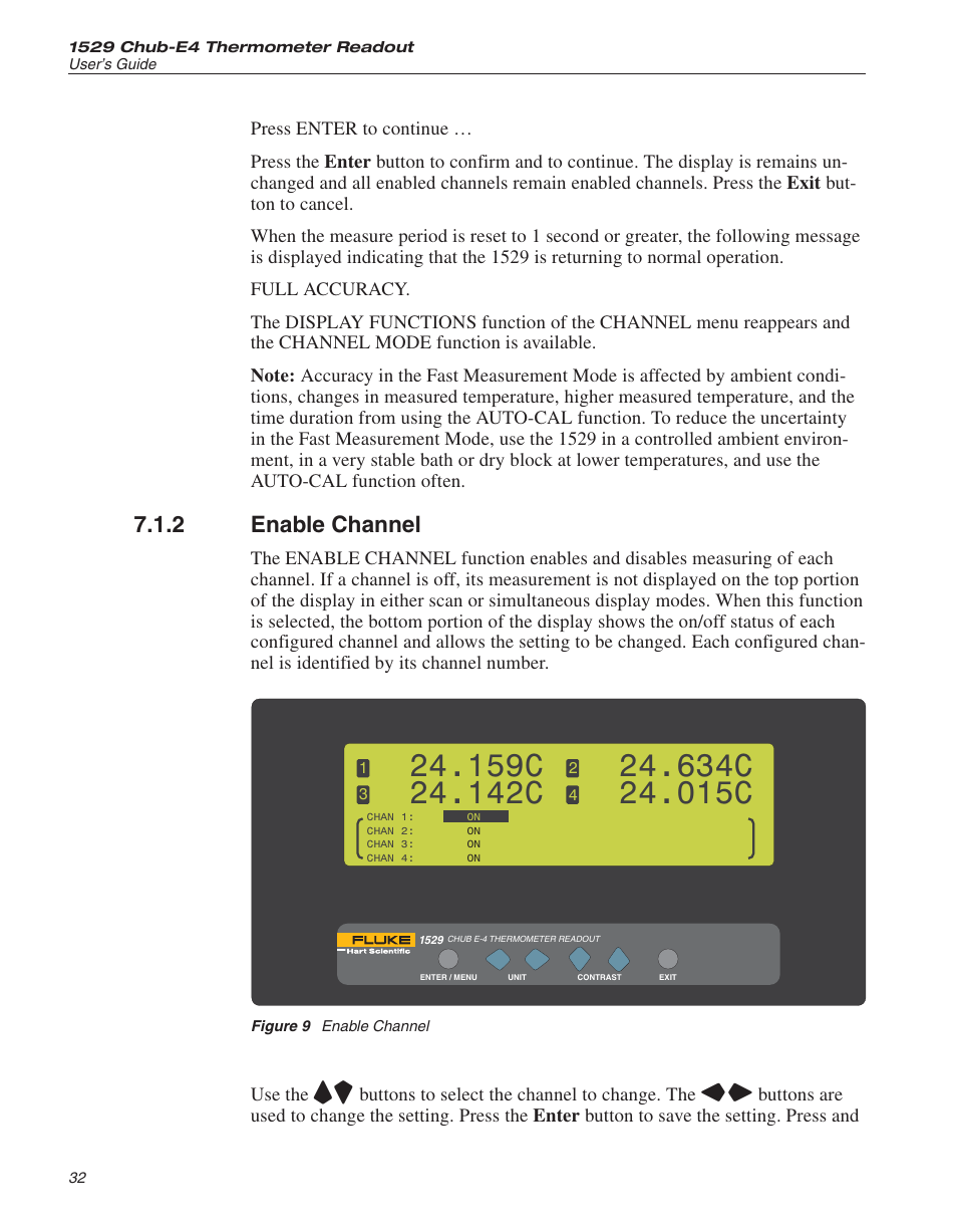 2 enable channel 32, Figure 9 enable channel 32, Selection 32 | Enable channel 32, Enable channel, Figure 9, 159c, 142c, 634c, 015c | Fluke 1529 Chub-E4 User Manual | Page 38 / 154