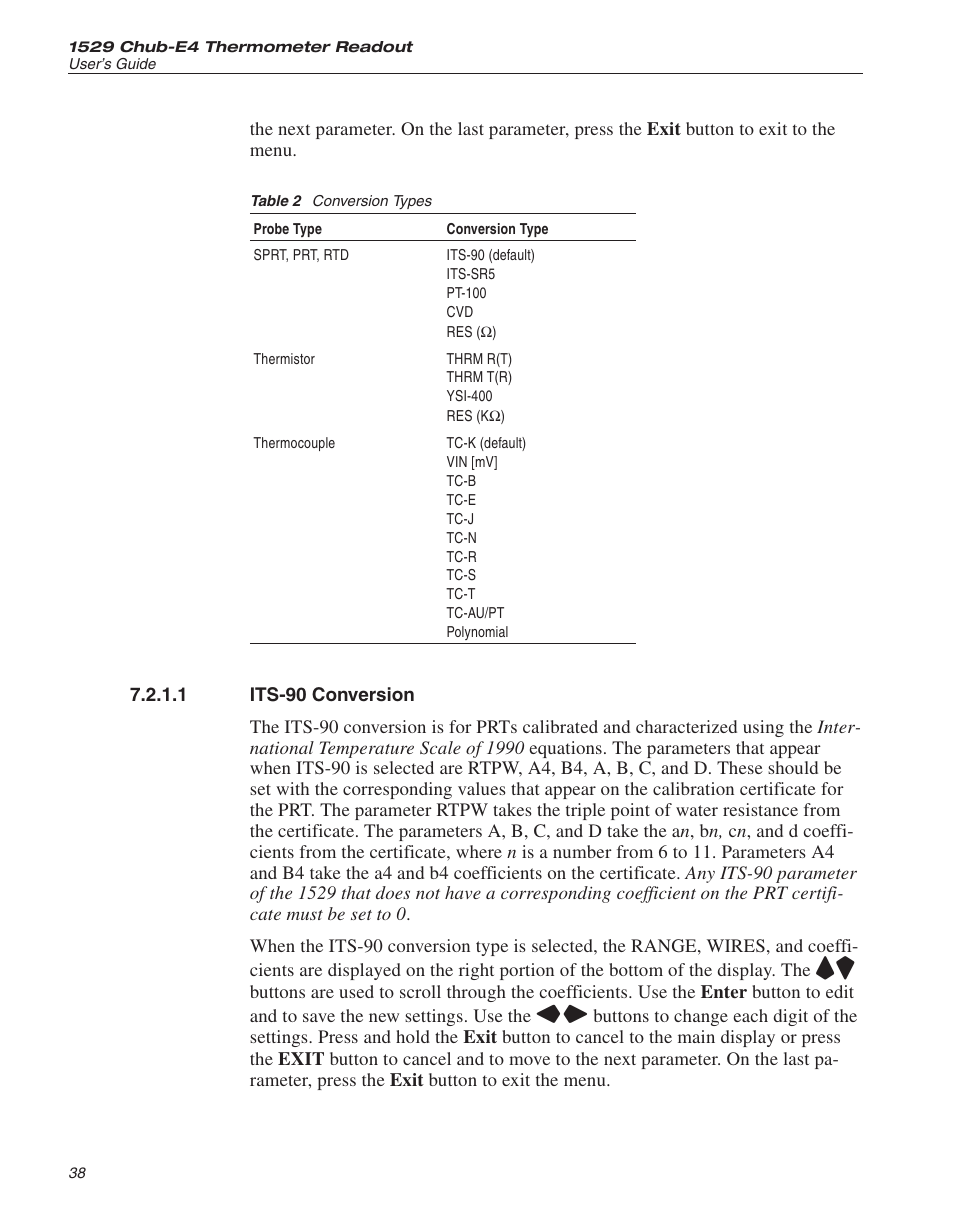 1 its-90 conversion 38, Table 2 conversion types 38, Probe 38, 41, 139 | Its-90 38 - 39, Coefficients 38, 41, Its-90 conversion, Table 2, Conversion types | Fluke 1529 Chub-E4 User Manual | Page 44 / 154