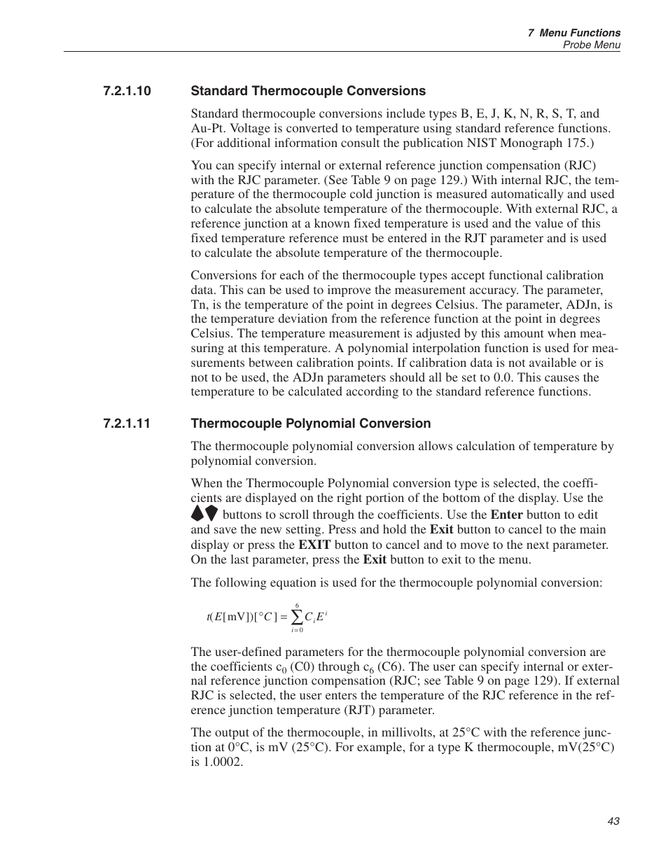 10 standard thermocouple conversions 43, 11 thermocouple polynomial conversion 43, Polynomial 43 | Reference junction 43, 50, Rjc 43, Standard thermocouple conversions, Thermocouple polynomial conversion | Fluke 1529 Chub-E4 User Manual | Page 49 / 154