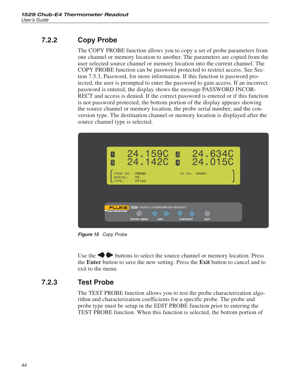 2 copy probe 44, 3 test probe 44, Figure 15 copy probe 44 | Copy probe 44, Test probe 44, Copy probe, Test probe, Figure 15, 159c, 142c | Fluke 1529 Chub-E4 User Manual | Page 50 / 154