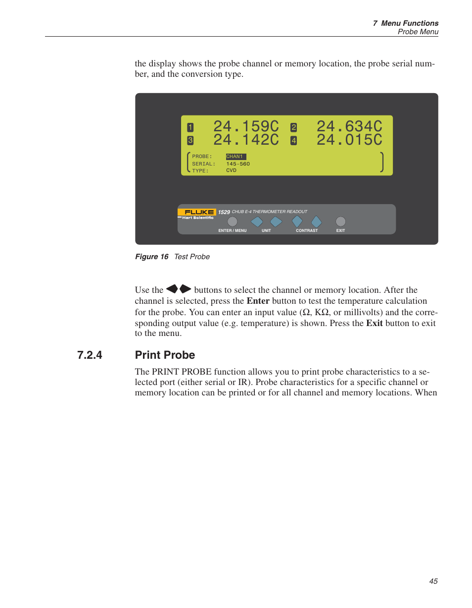 4 print probe 45, Figure 16 test probe 45, Print probe 45 | Print probe, Figure 16, Test probe, 159c, 142c, 634c, 015c | Fluke 1529 Chub-E4 User Manual | Page 51 / 154
