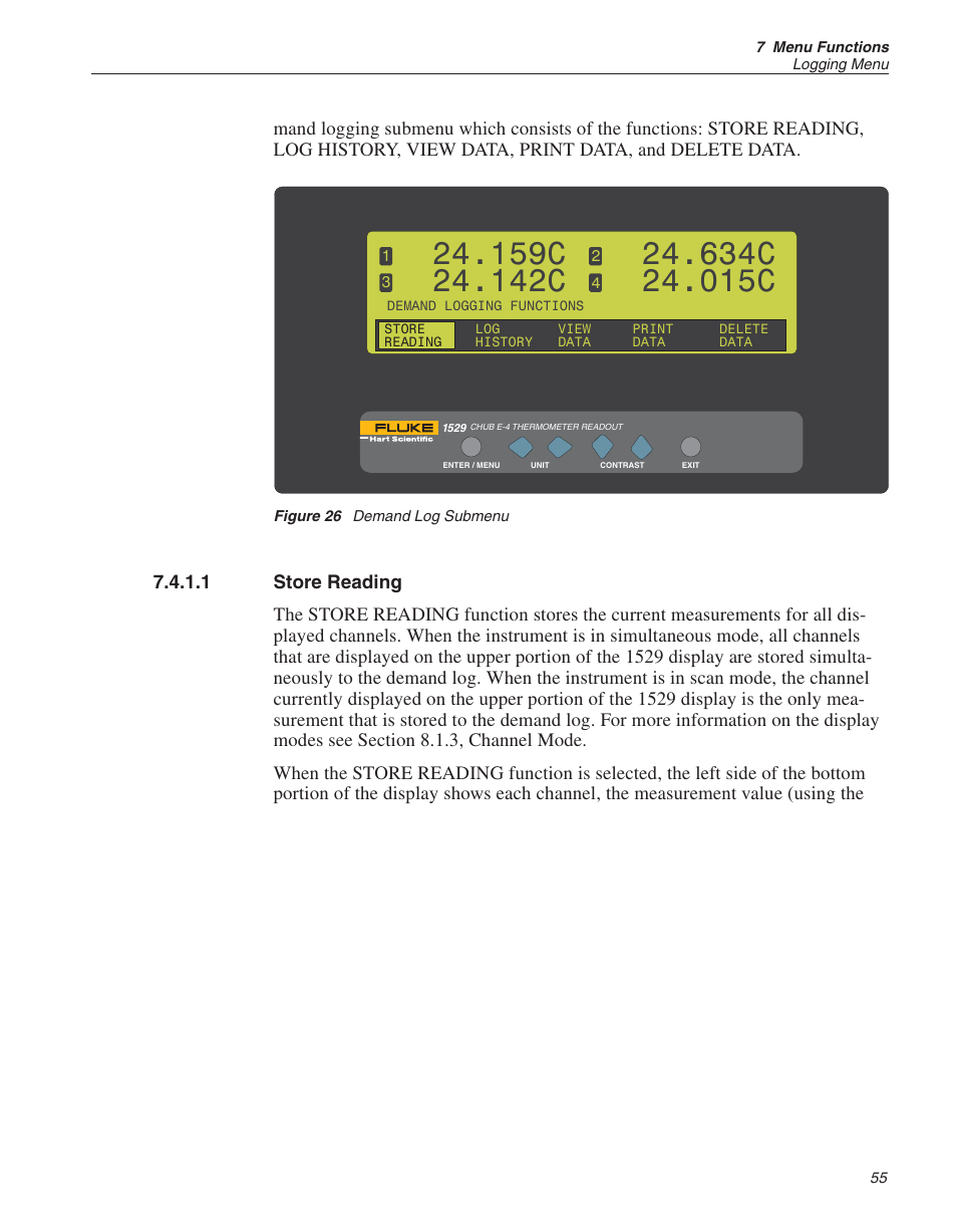 1 store reading 55, Figure 26 demand log submenu 55, Store reading 55 | Store reading, Figure 26, Demand log submenu, 159c, 142c, 634c, 015c | Fluke 1529 Chub-E4 User Manual | Page 61 / 154