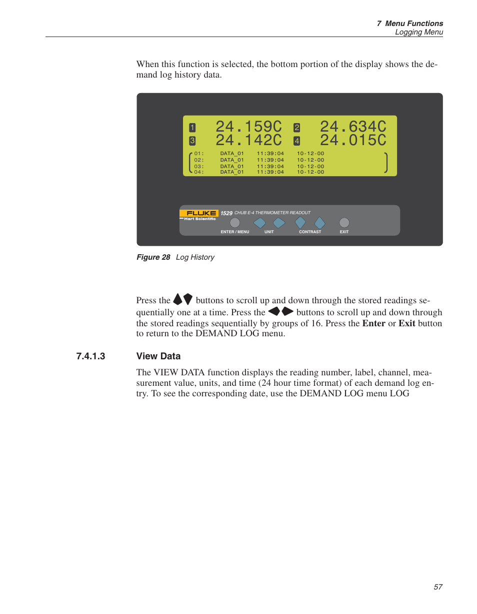 3 view data 57, Figure 28 log history 57, View data 57, 64 | View data, Figure 28, Log history, 159c, 142c, 634c, 015c | Fluke 1529 Chub-E4 User Manual | Page 63 / 154