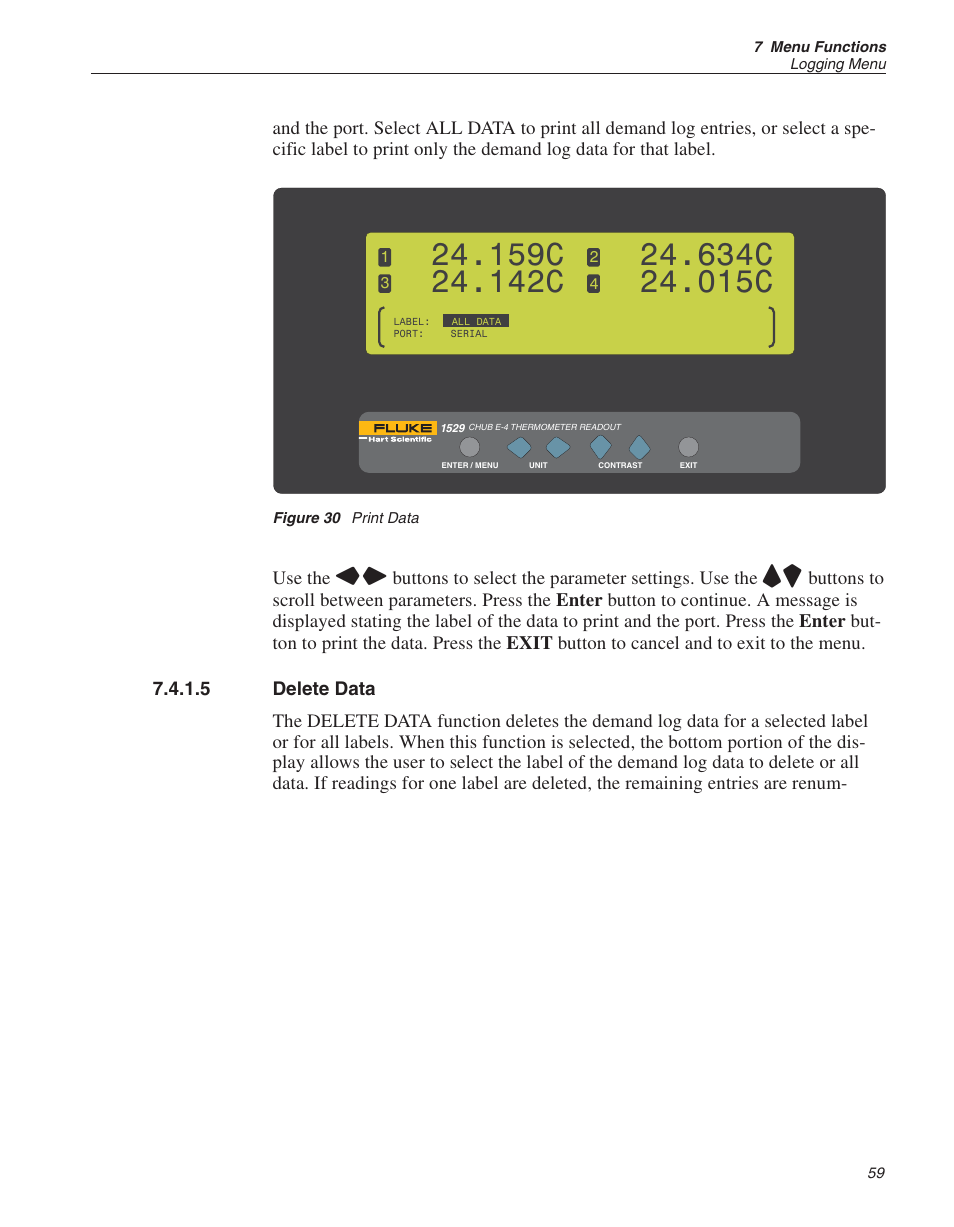 5 delete data 59, Figure 30 print data 59, Delete data 59, 65 | Delete data, Figure 30, Print data, 159c, 142c, 634c, 015c | Fluke 1529 Chub-E4 User Manual | Page 65 / 154